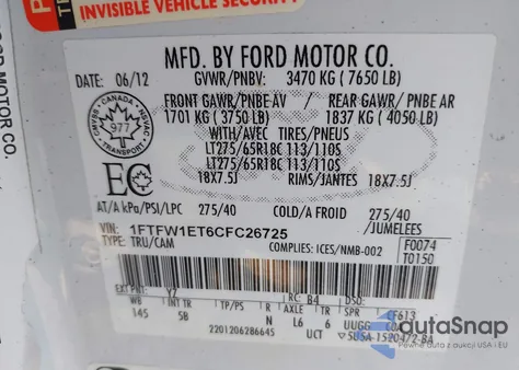 2012 Ford F150 Supercrew из США, поврежденный, VIN 1FTFW1ET6CFC26725